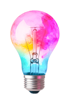 Vibrant multicolored light bulb with creative artistic design, cut out png