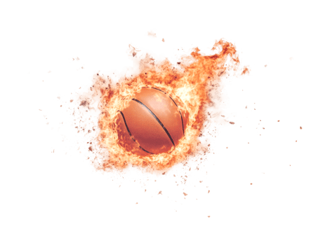 Flaming basketball in mid-air explosion with dynamic fire effects, cut out png