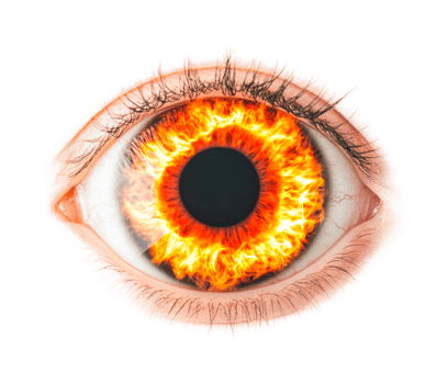 Close-up of fiery eye with intense flames in iris, cut out png