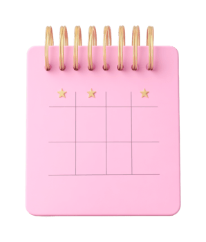 Pink spiral calendar with gold stars on grid for daily planning, cut out png