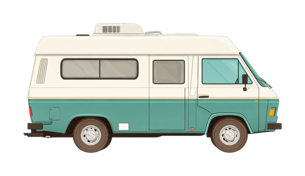 Retro camper van side view illustration with vintage design elements, cut out png