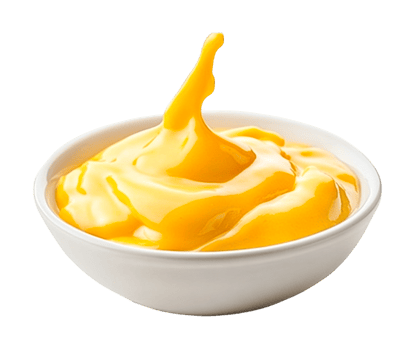 Smooth mayonnaise and mustard swirl in white bowl, cut out png