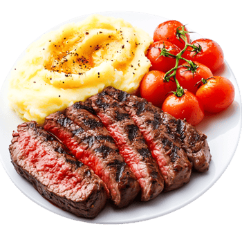 Grilled Steak with Mashed Potatoes and Cherry Tomatoes on Plate png