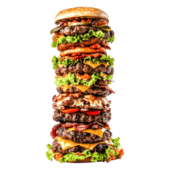 Giant Towering Stacked Hamburger with Multiple Layers and Colorful Ingredients png