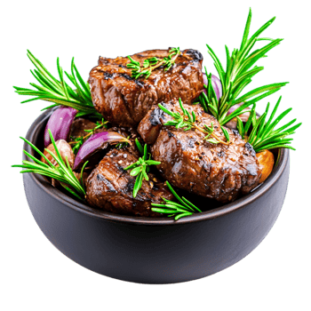 Juicy Grilled Meat with Fresh Herbs and Garlic in Rustic Bowl png