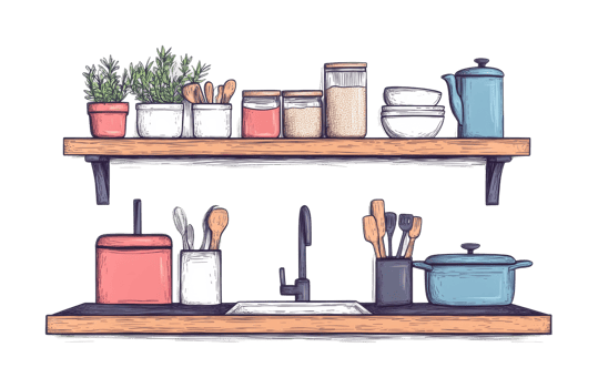 Organized kitchen shelves with jars spices utensils and cookware, cut out png