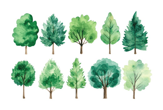 Collection of illustrated green trees with various shapes and sizes, cut out png