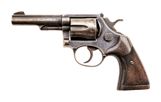 Vintage metal revolver with wooden grip and textured design, cut out png