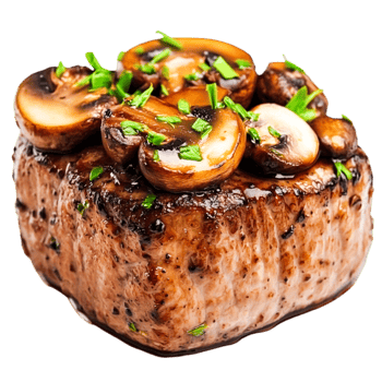 Juicy Grilled Steak with Sauteed Mushrooms and Fresh Herbs Garnish png