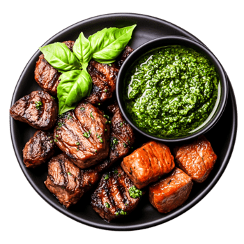 Grilled Beef Cubes with Fresh Basil and Green Herb Sauce on Black Plate png