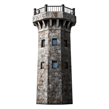 Vintage Stone Watchtower with Square Windows and Rusty Texture png