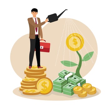 Pension fund concept, businessman investor watering stack dollar coin to grow money plant. vector