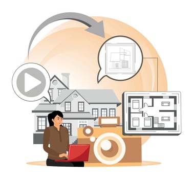 Real estate photography concept with Laptop, floor plans, and Technology Elements. vector