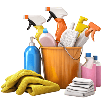 Essential cleaning supplies neatly arranged in a bucket colorful bottles png