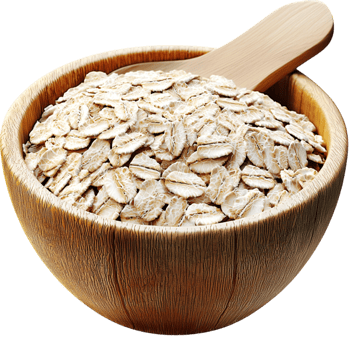 Wooden bowl filled fresh rolled oats a wooden scoop resting on top png