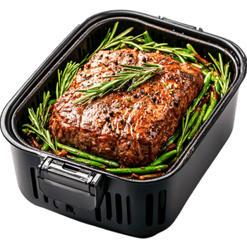 Juicy Roast Beef with Fresh Herbs and Green Vegetables in a Pan png