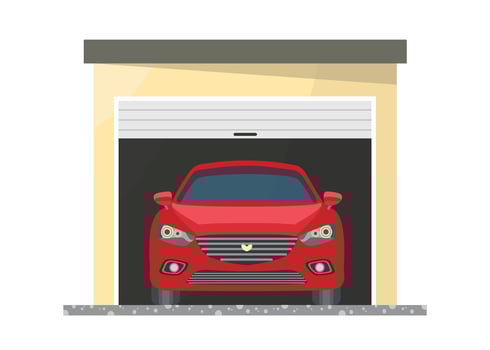 Car icon in garage on white background. Front view. Concept of car protection from bad weather. vector