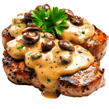 Juicy Grilled Steak with Creamy Mushroom Sauce and Fresh Parsley Garnish png