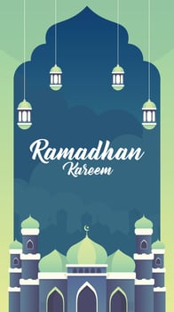 Ramadan Kareem with Green and Blue Mosque and Lantern vector