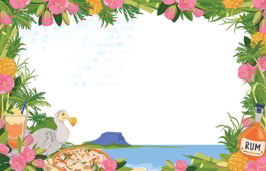 horizontal frame. Panoramic view of Mauritius island beach and Le Morne Brabant mountain. Dodo bird, trochetia boutoniana flowers, pineapple, rum, cocktail in flat style. Tropical paradise vector