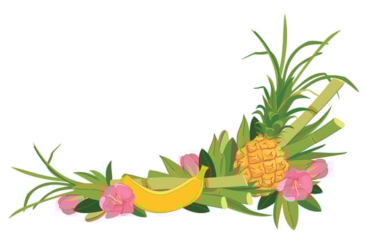 corner composition with refreshing banana, pineapple, green bamboo and tropical flowers. Beach bar menu illustration. Cruise vacation, summer holidays, party, cafe, vacation. vector
