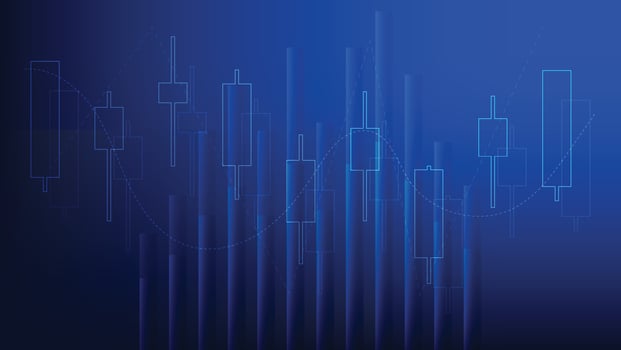 finance and business investment. graphic candlestick and bar chart on blue background vector