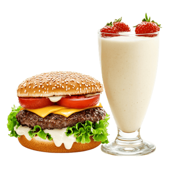 Fresh Burger with Cheese and Salad Leaf Next to Milkshake with Strawberry png