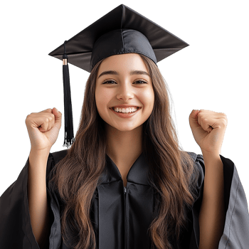 Happy young woman in graduation gown and cap celebrating success isolated on transparent background png