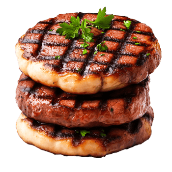 Grilled Beef Patties Stacked Freshly Cooked with Garnish and Grilling Marks png