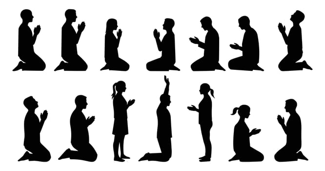 Praying People Silhouette Set Worship, Faith, and Devotion Icons vector