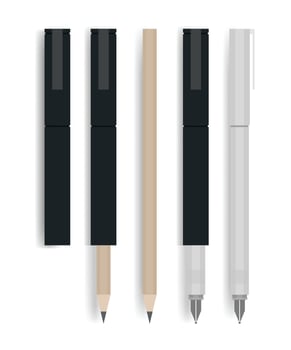 Realistic pen, fountain pen and pencil. Set of school accessories and office supplies. . vector
