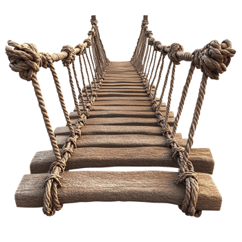 Jungle hanging bridge made of ropes and wooden planks isolated on transparent background png
