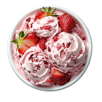 Ice cream with strawberries on a white bowl top view isolated on transparent background png