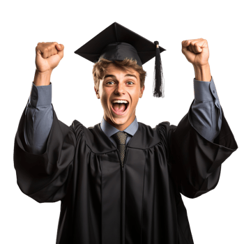 Happy young man in graduation gown and cap celebrating success isolated on transparent background png