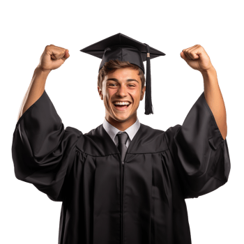 Happy young man in graduation gown and cap celebrating success isolated on a transparent background png