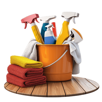 Orange cleaning bucket filled various household supplies png