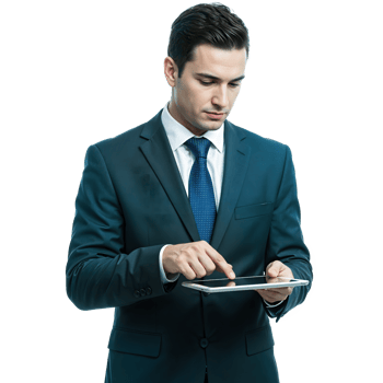 Businessman in a suit using a tablet png