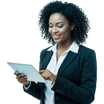 Happy businesswoman in suit using tablet png