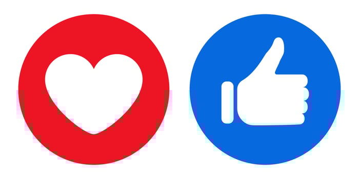 Social media like and love icons. Thumbs up and heart symbols in blue and red circles. Positive feedback, approval, appreciation, rating, favorite, support, vote, reaction, engagement, internet, web vector