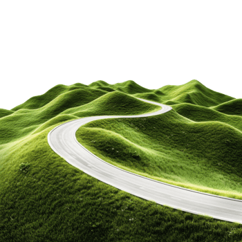 Serene Winding Road Through Lush Green Hills on transparent background. png