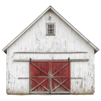 Rustic White Barn House Red Doors on transparent background. png