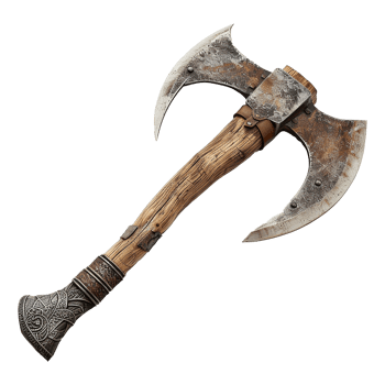 Ancient Double Bit Axe with Ornate Hilt and Weathered Blades, Medieval Weapon Replica, Fantasy Battle Axe, Rustic Wood Handle, Decorative Collectible png