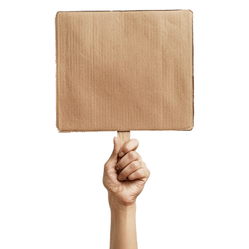 A hand holding a blank brown cardboard sign on a wooden stick png