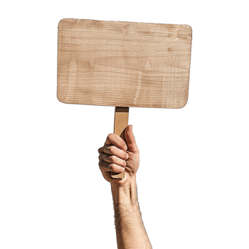 A hand holding a blank wooden sign on a stick a perfect template for your message png