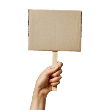 A hand holding a blank cardboard sign on a wooden stick perfect for your message png