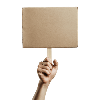 A hand holding a blank cardboard sign ready for a message or protest png