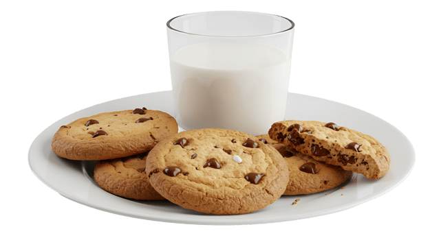 A plate of chocolate chip cookies with a glass of milk on a plain white surface against a plain backdrop transparent background png