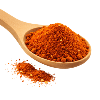 Wooden spoon holding a pile of orange spice with some spilled onto the surface around the spoon transparent background png