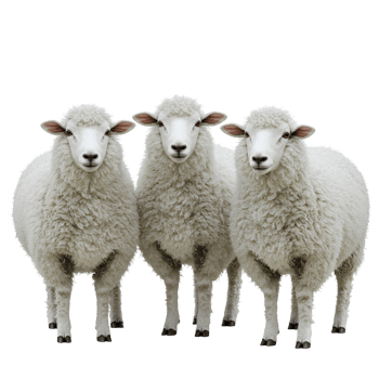 A trio of fluffy sheep posing closely together against a plain and featureless simple backdrop view transparent background png