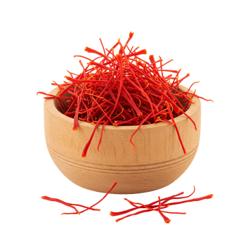 A wooden bowl filled with bright red saffron threads against a plain solid color backdrop view from front transparent background png